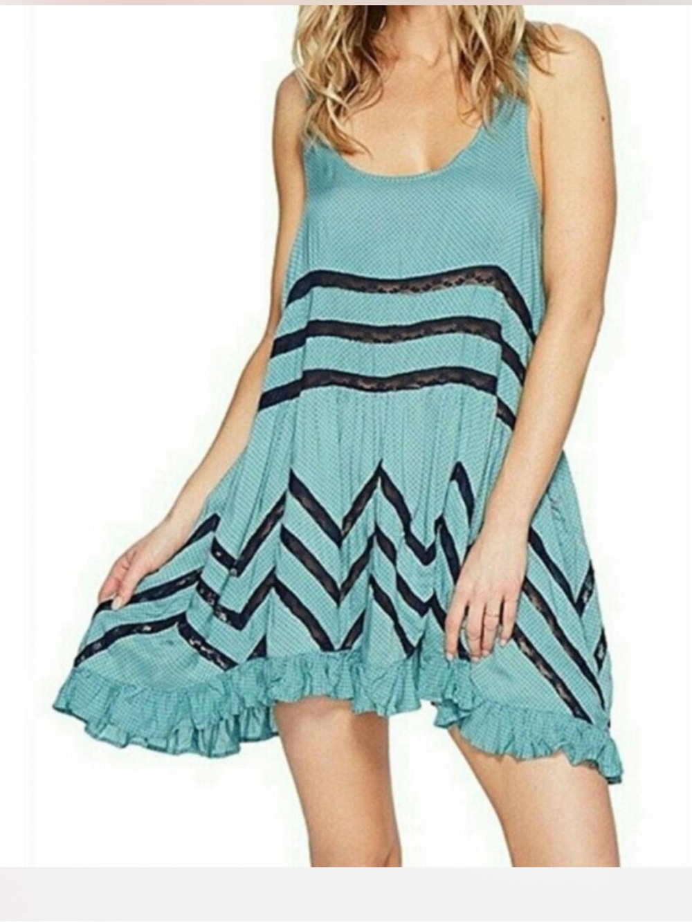 Free People Trapeze Tank Dress Size XS Teal & Navy Beachy Boho Retro Summer